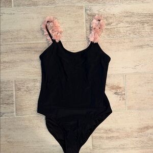 DAVI & DANI Black Swimsuit with Pink Floral Accents